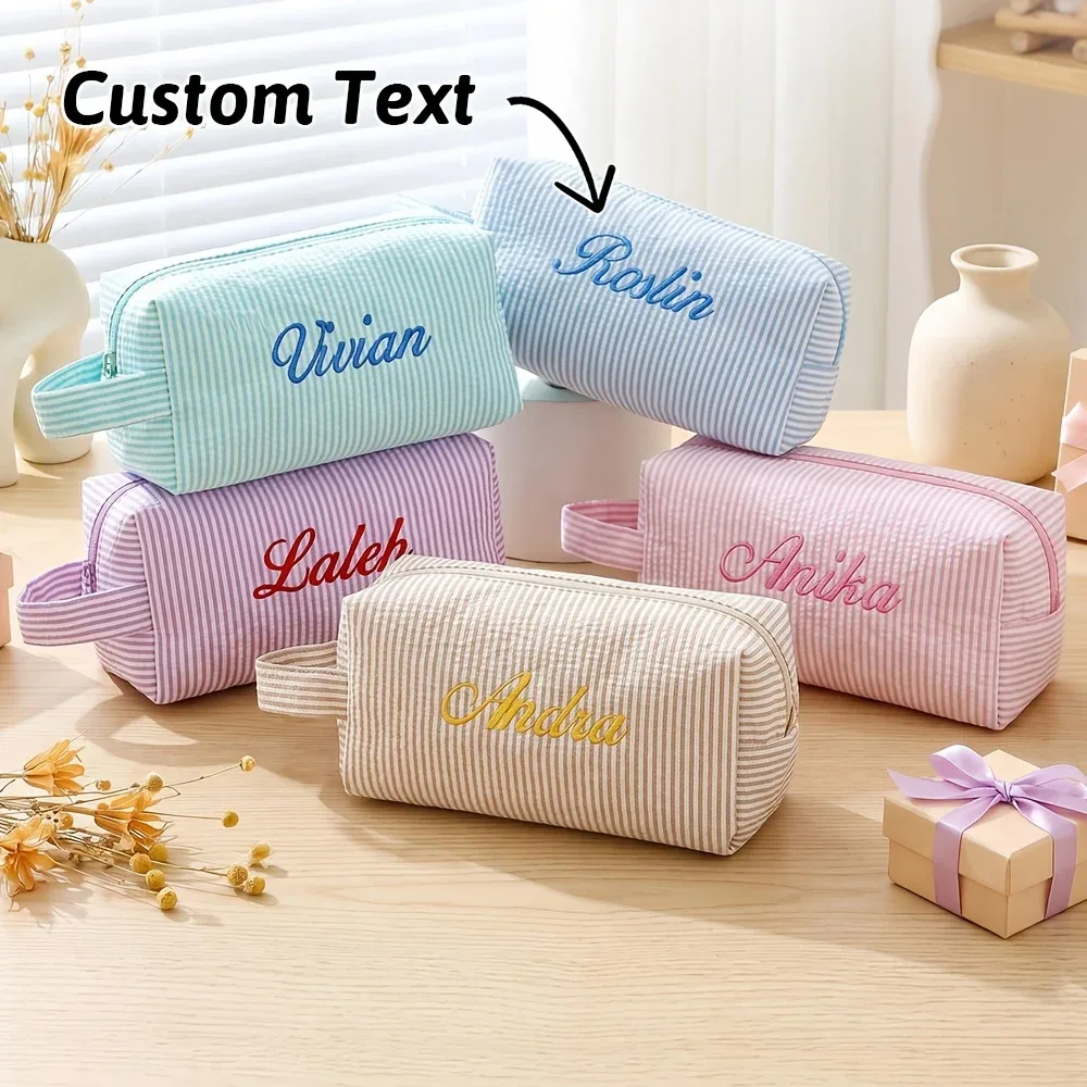 trousse de toilette brodée avec nom/texte, grande capacité, trousse de maquillage légère, cadeaux souvenirs personnalisés pour anniversaire