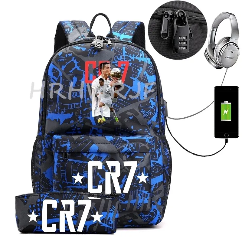 sac à dos usb cr7 pour femmes et hommes, sac à dos de voyage décontracté anti-vol, sacs d'école pour adolescents avec capacité pour ordinateur portable, avec trousse à crayons, 2 pièces