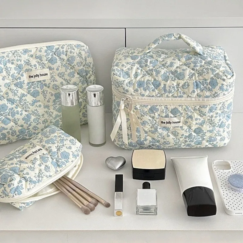 sac de maquillage en tissu de coton avec nœud mignon pour femmes, organisateur de cosmétiques à fermeture éclair, sac à main en forme de boîte, trousse de toilette portable pour filles