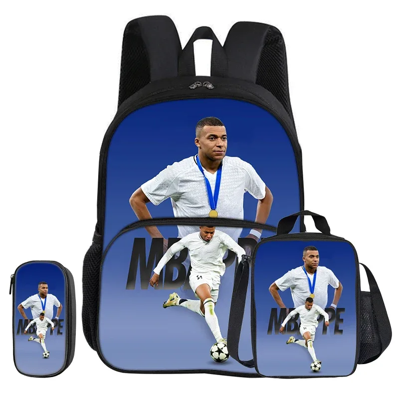 ensemble de 3 pièces m-mbappe avec sac à dos à poche avant, sac isotherme pour le déjeuner, trousse à crayons de star de football, cadeau pour enfants