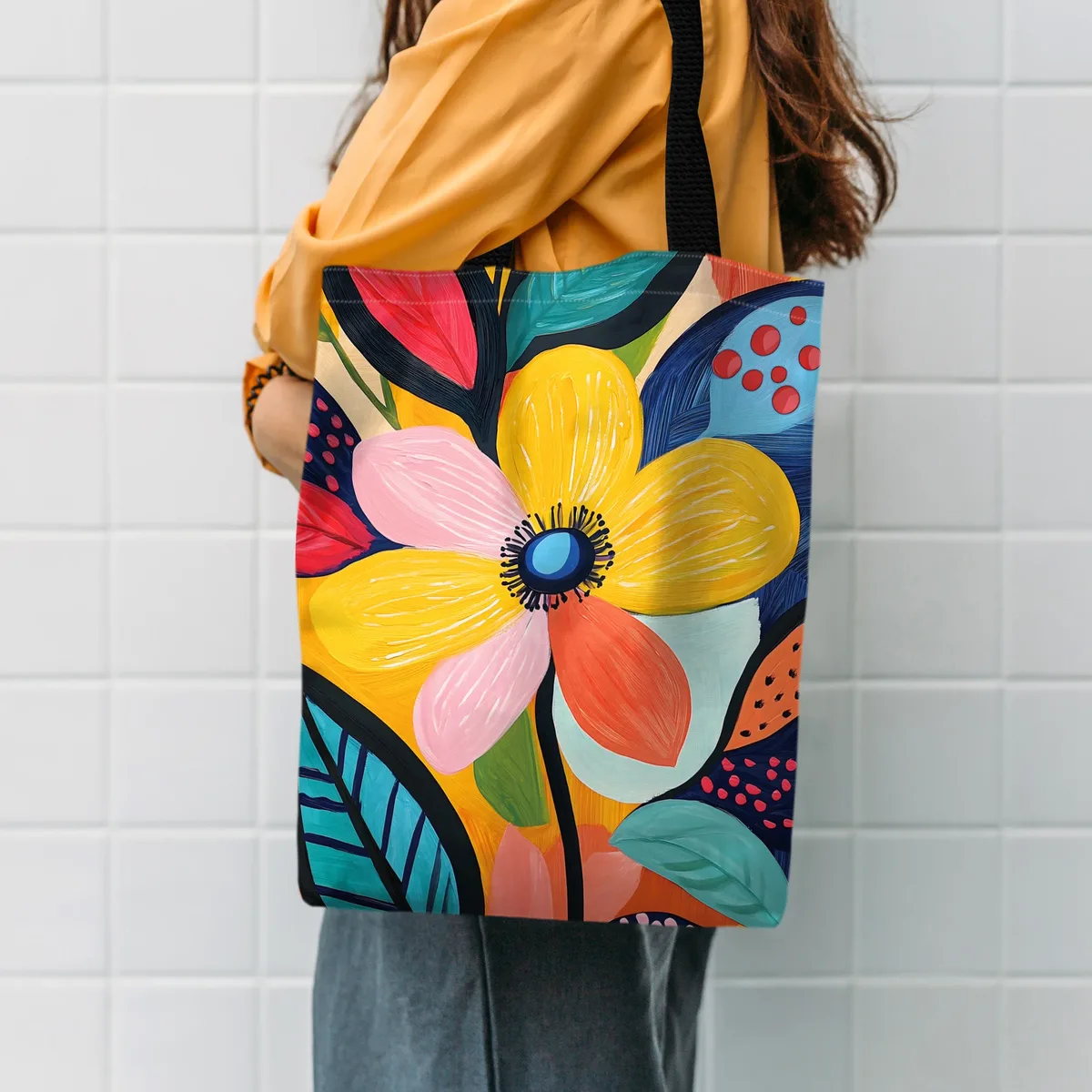 Sac fourre-tout floral, illustrations florales vibrantes, sac de shopping réutilisable, sac fourre-tout à motifs de cœurs arc-en-ciel, grand sac de rangement pour achats.