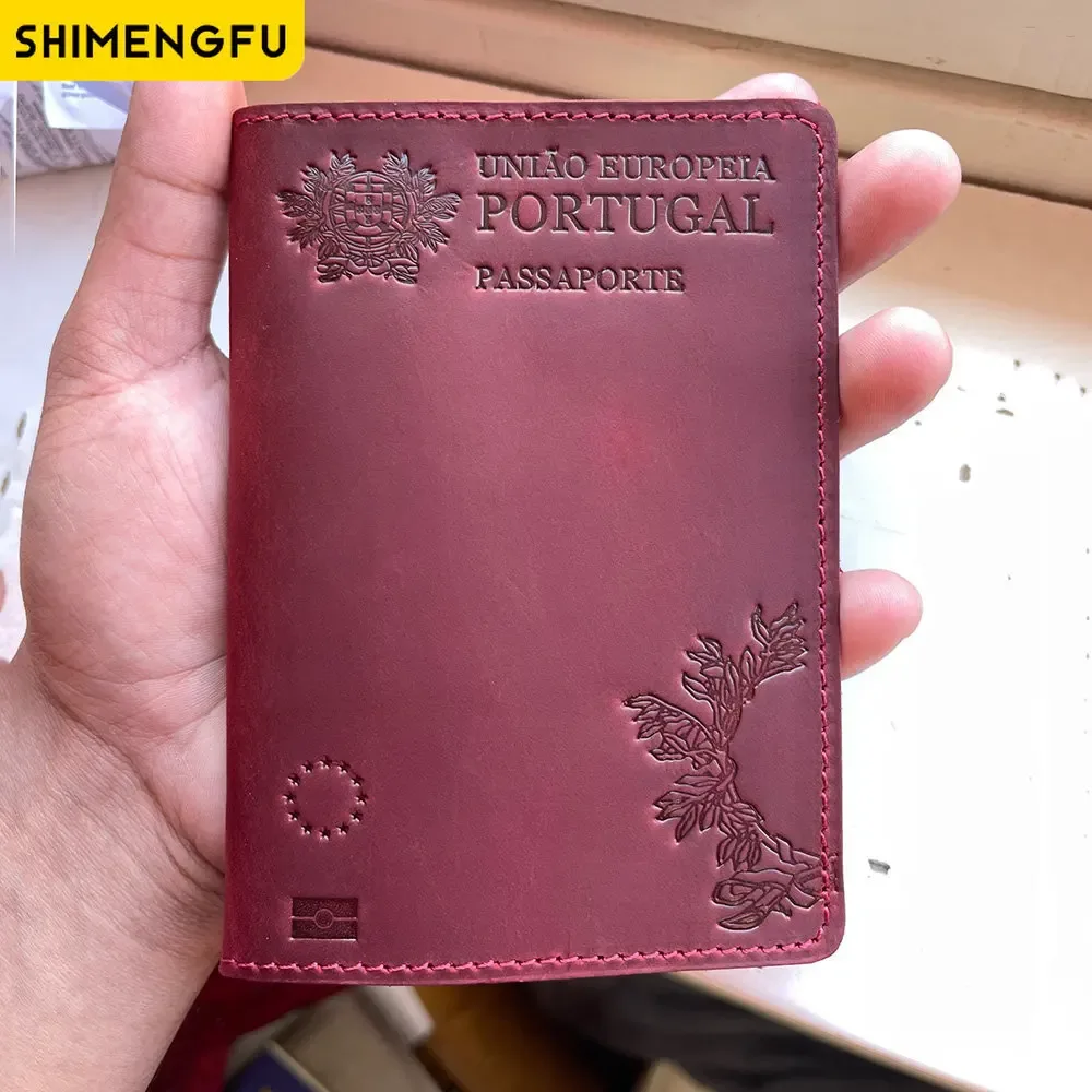 Couverture de passeport unisexe en cuir véritable, porte-passeport portugais rétro vache, étui de protection, portefeuille de voyage