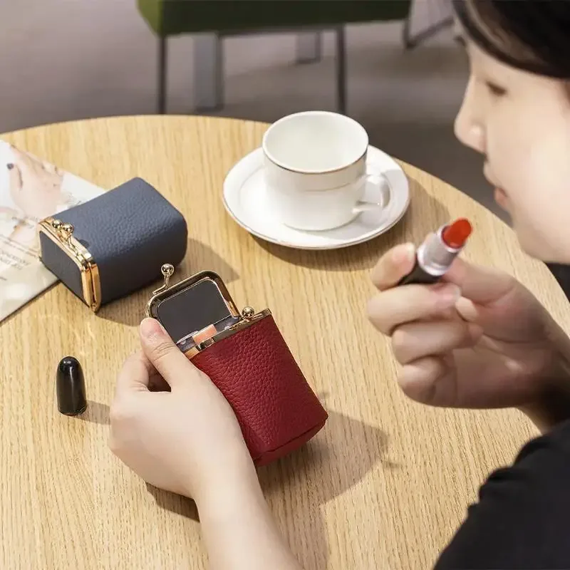 1 pièce mini trousse de maquillage portable en cuir pu pour femme, pochette de rangement pour rouge à lèvres, bijoux, écouteurs et monnaie, simple, avec miroir