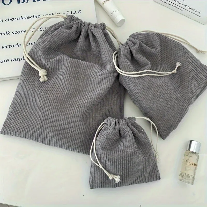 ensemble de sacs de rangement à cordon de serrage en velours côtelé – pochettes de maquillage portables légères de couleur unie avec grand, moyen