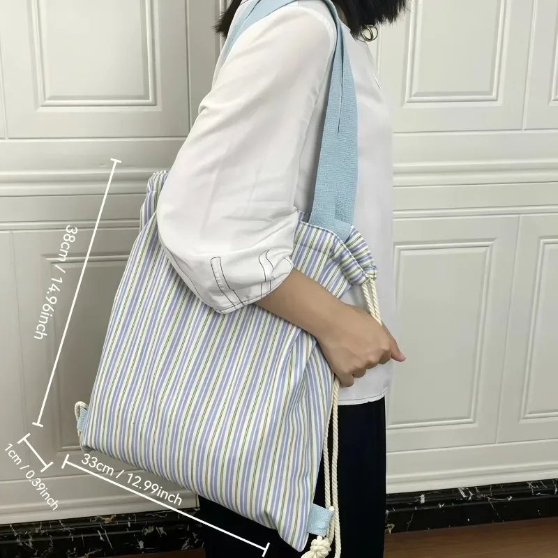 sac à dos en toile rayée grande capacité, style britannique, pour jeunes, avec cordon de serrage, idéal pour les trajets quotidiens