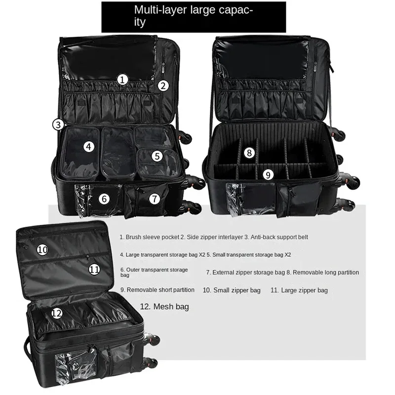 valise de maquillage professionnelle à roulettes, trolley de voyage pour cosmétiques, organisateur de maquillage avec roues