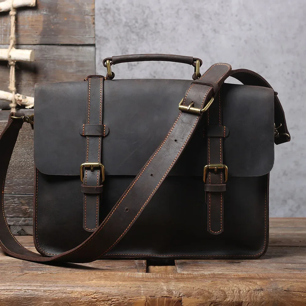 sac à dos vintage en cuir véritable pour hommes, mallette pour ordinateur portable de grande capacité, sac à main en cuir de vache crazy horse, sac à bandoulière, sacoche