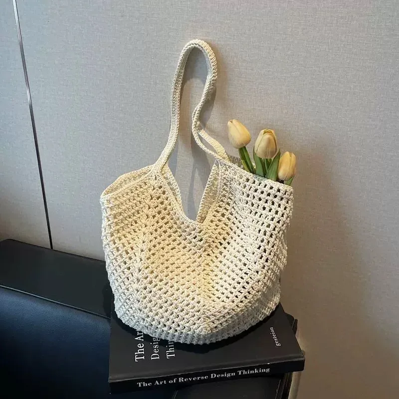 sac fourre-tout tissé respirant, sac à bandoulière de plage, sac de voyage décontracté ajouré pour les sorties d'une journée, la piscine et la plage