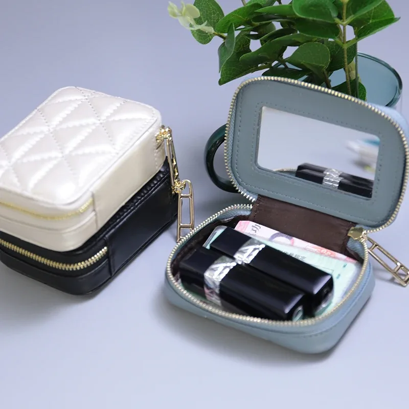 Boîte à rouge à lèvres carrée de voyage, étui de rangement de maquillage en cuir véritable avec miroir, bâtons à lèvres, support en cuir, sac à cosmétiques, 2021