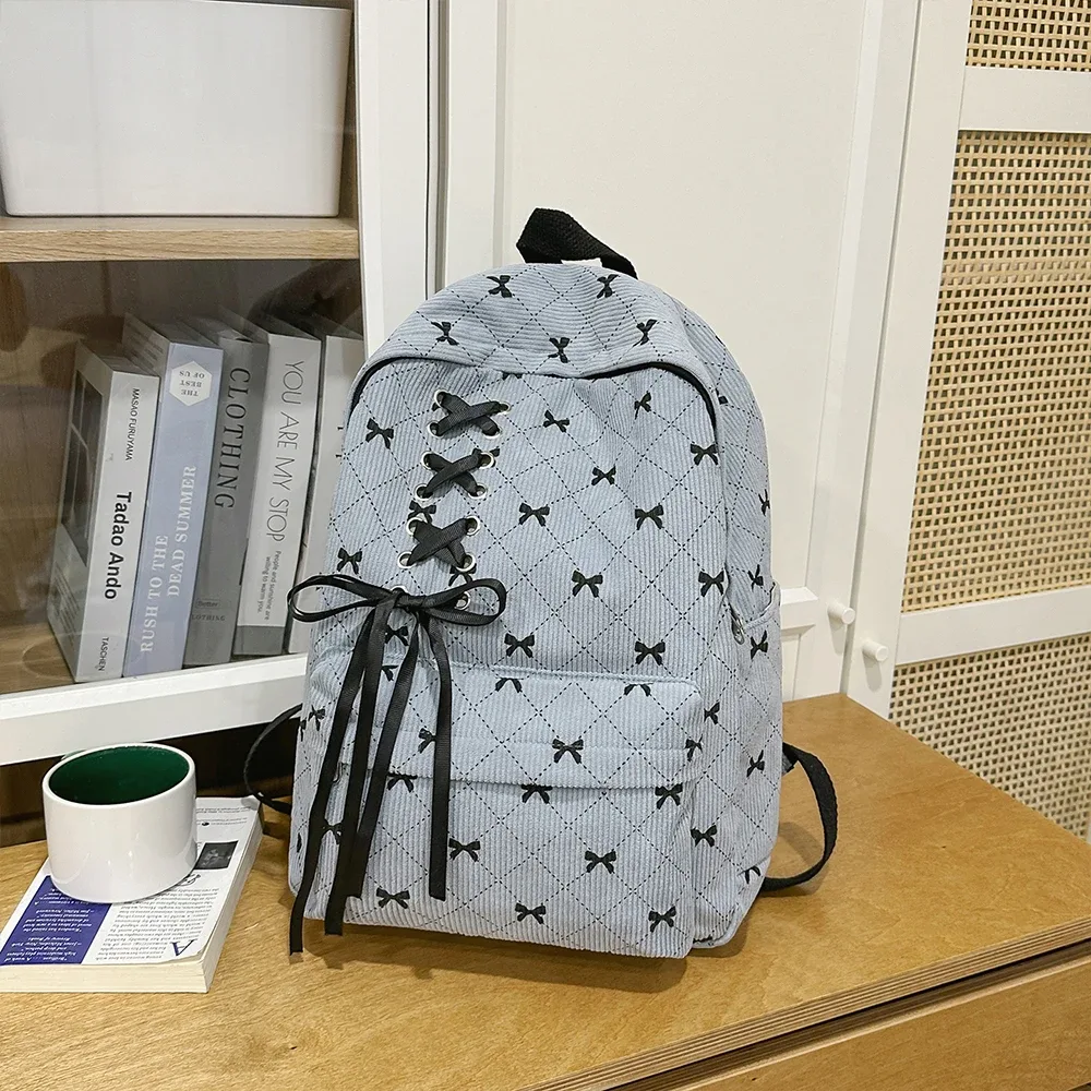 sac à dos de loisirs en velours côtelé avec nœud, grande capacité, style universitaire, pour le printemps et l'été, idéal pour les trajets quotidiens
