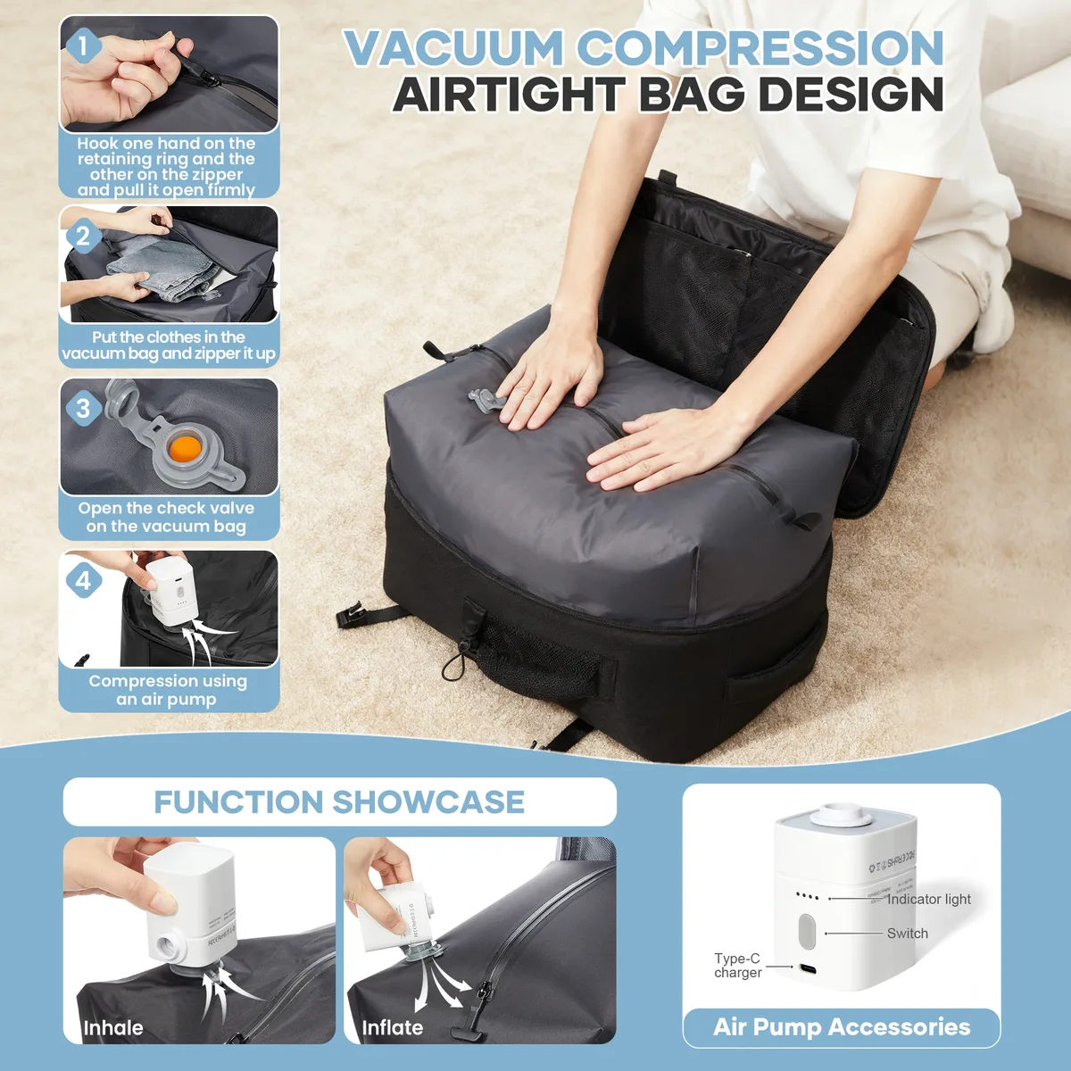 Sac à dos de randonnée à compression sous vide pour homme, sac à dos sous vide avec pompe, bagage à main, grande capacité, sac à dos de voyage décontracté