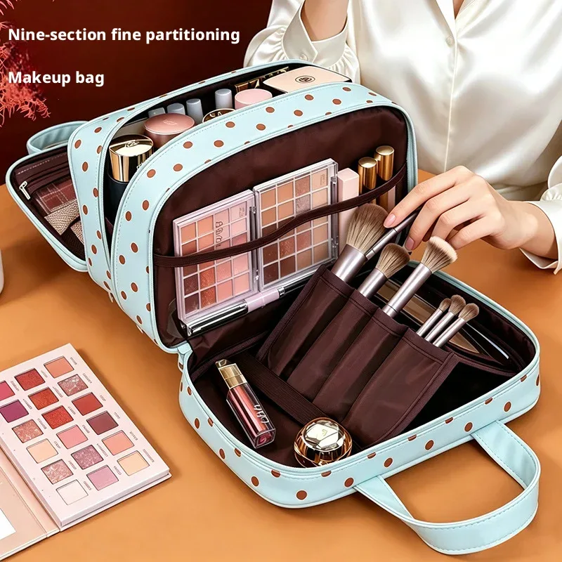 Sac de maquillage portable à pois, multifonctionnel, à trois compartiments, en PU, grande capacité, imperméable, sac de rangement de voyage