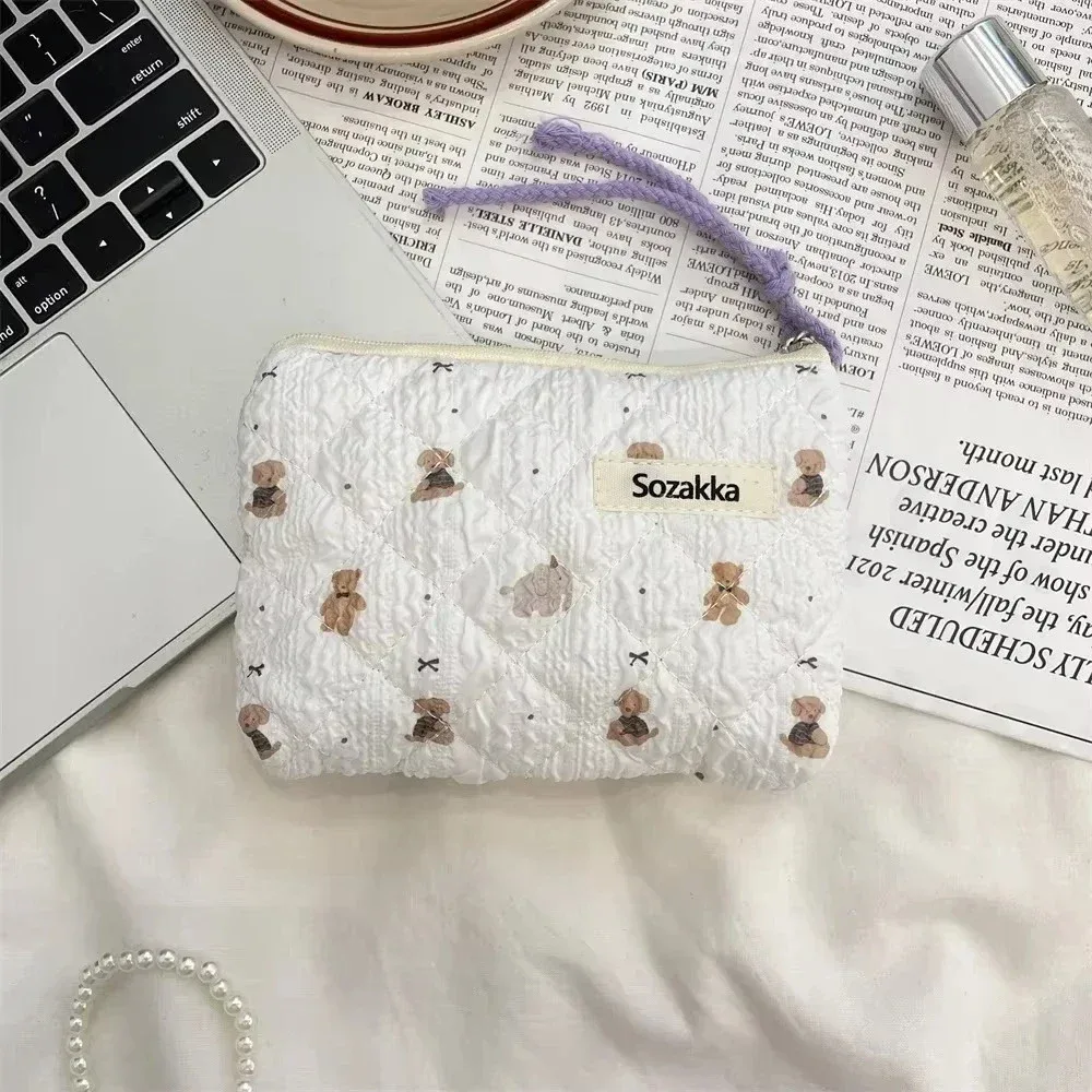 sac de maquillage imprimé en toile pour femmes, mignon, portable, style coréen, petits sacs à cosmétiques, étui de rangement de voyage, trousse de toilette