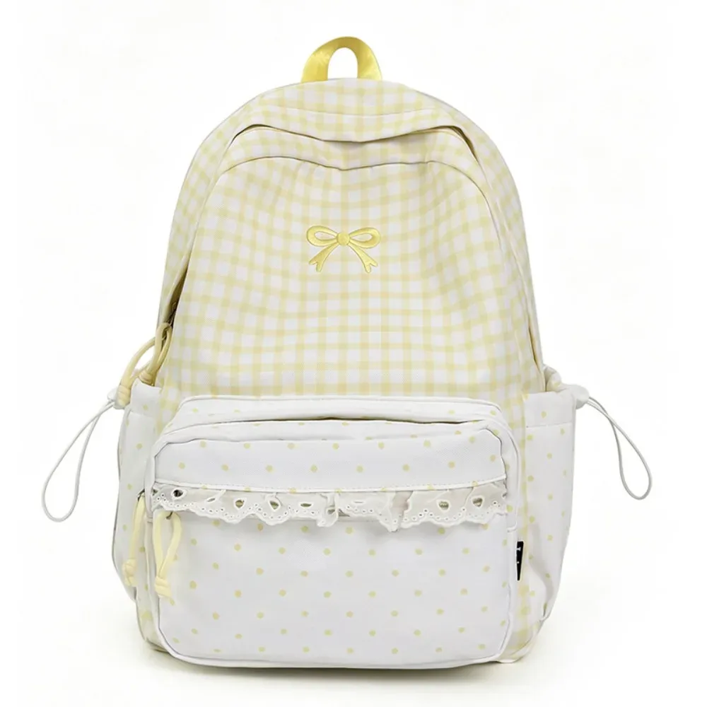 sac à dos y2k à pois doux, motif écossais, avec garniture en dentelle minimaliste, grande capacité, durable, avec nœud, pour les trajets quotidiens