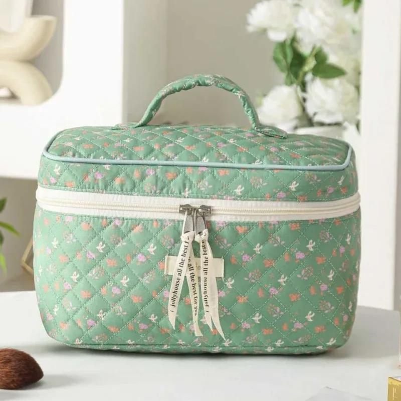 sac de maquillage en coton matelassé pour femmes, mignon, organisateur de cosmétiques à fermeture éclair, sac à main en tissu féminin en forme de boîte, trousse de toilette portable pour filles