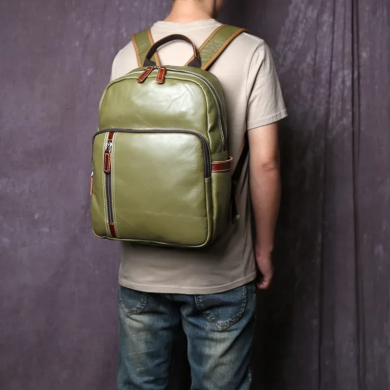 sac à dos en cuir véritable pour homme, style collège décontracté, housse de livre en cuir de vachette, simple et à la mode, sac pour ordinateur portable 15 pouces