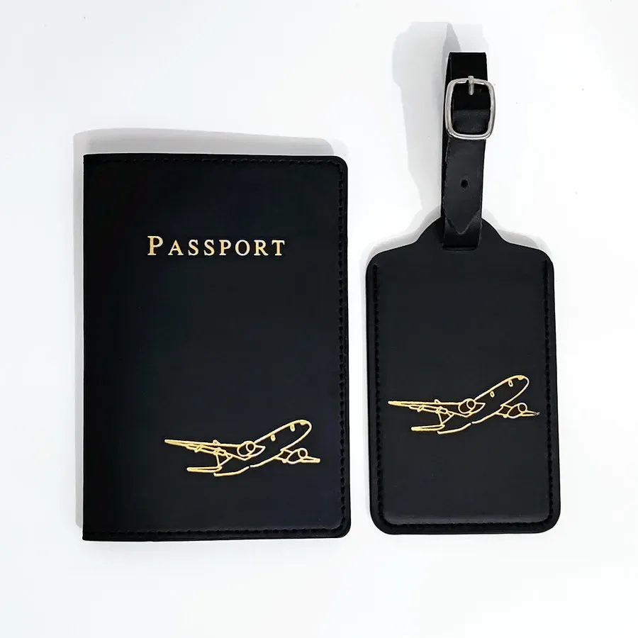 couverture de passeport d'avion, étiquette de bagage avec nom, carte d'identité, portefeuille en cuir pu anti-perte, accessoires de voyage pour les amateurs de vol, 2 pièces/ensemble