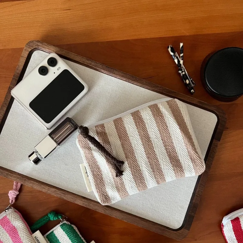 petite trousse de maquillage, mini sacs organisateurs en toile rayée pour femmes, étui à rouge à lèvres, trousse de maquillage, porte-monnaie mignon pour enfants