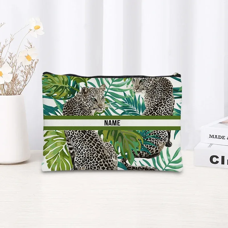 trousse de maquillage à motif léopard et tigre, trousse de toilette cosmétique essentielle pour les voyages, cadeau d'anniversaire ou de vacances avec nom personnalisé, trousse de maquillage