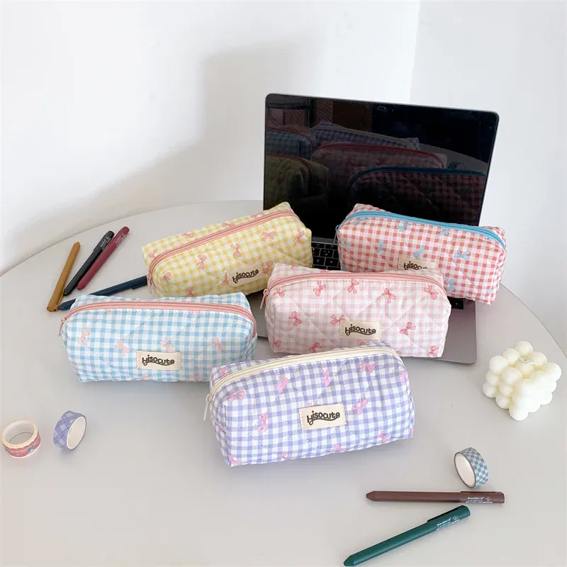 sac de rangement de voyage pour femmes, sac de rangement de voyage avec nœud simple, design mignon, trousse à crayons pour filles, trousse de maquillage rétro pour dames, sac à cosmétiques