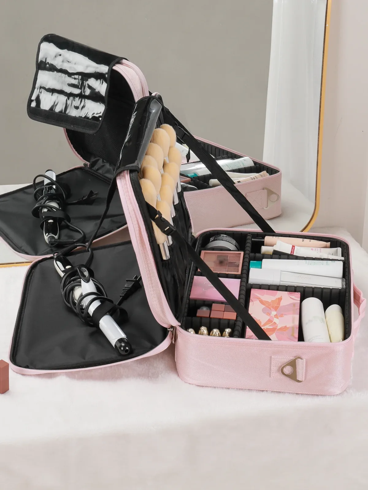 trousse de maquillage de voyage, étuis de train de maquillage, organisateur professionnel de rouge à lèvres avec bandoulière, séparateurs réglables pour maquillage cosmétique