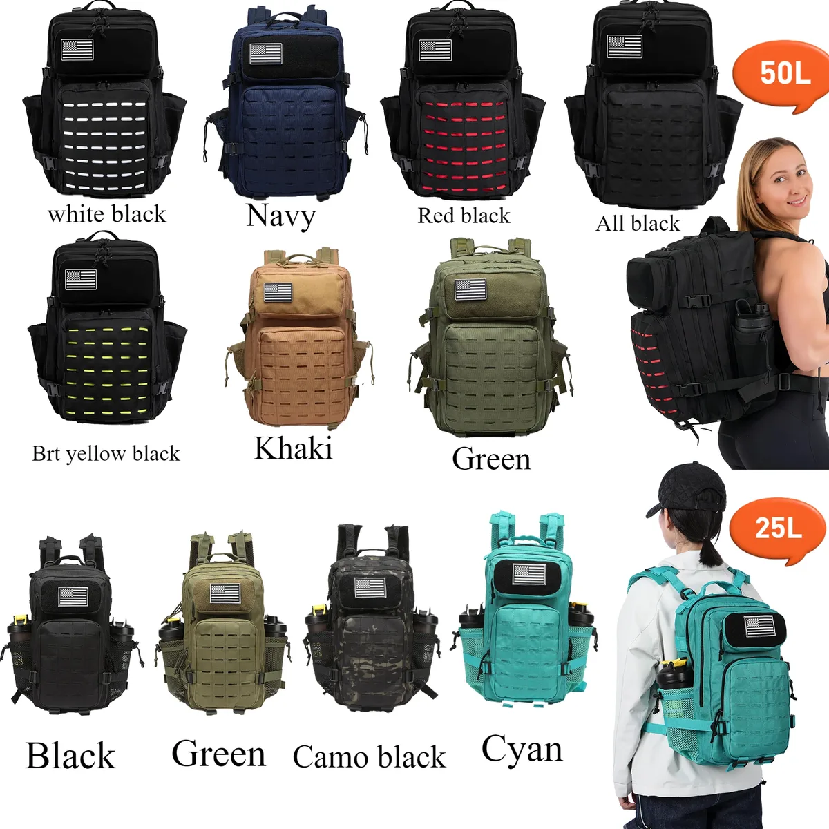 25l/50l sac à dos tactique sac chasse molle sac à dos gym pour hommes edc randonnée en plein air sac à dos sorcière 2 porte-bouteilles