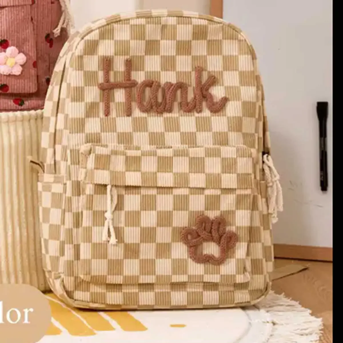 sac à dos personnalisé en velours côtelé, motif fraise/à carreaux, simple et spacieux, cadeau parfait pour la rentrée scolaire