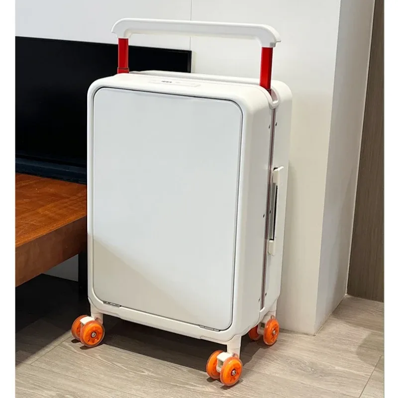 valise à roulettes avec poche pour ordinateur portable à ouverture frontale, poignée large, cadre en aluminium, serrure tsa, pour femme, en matériau pc, idéale pour les voyages et les entrepôts.