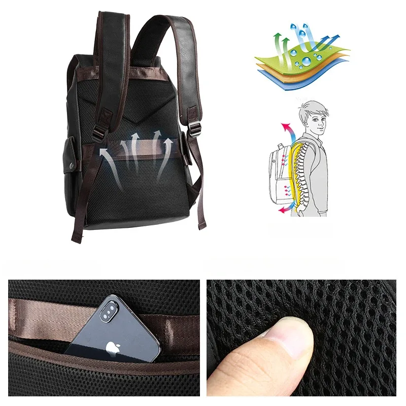 sac à dos à cordon de serrage pour hommes, sac à dos de voyage en cuir pu souple, sac pour ordinateur portable de 14 pouces, sac d'école décontracté, mochila rucksacks