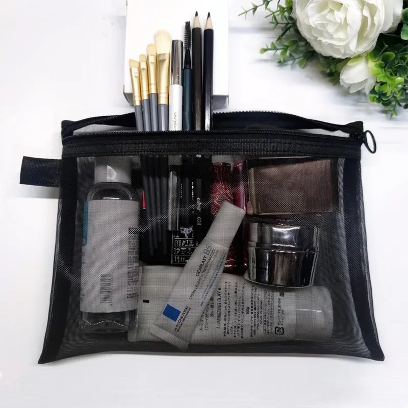 Mode petit grand organisateur noir pochette de toilette et de maquillage maille transparente fermeture éclair sac cosmétique femmes organisateur nécessaire