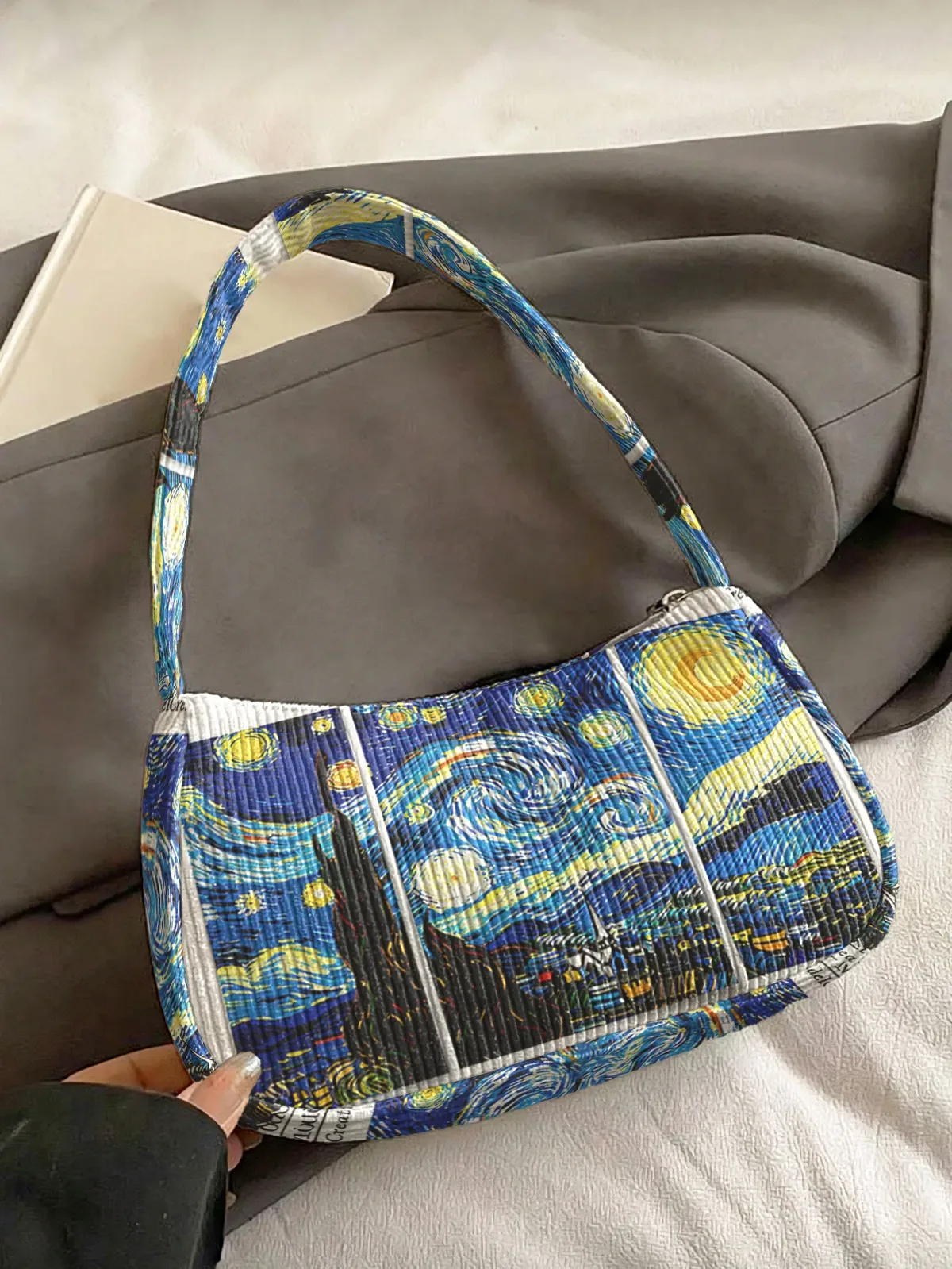 sac à bandoulière tendance avec imprimé the starry night, sac sous le bras en velours côtelé pour un usage quotidien décontracté