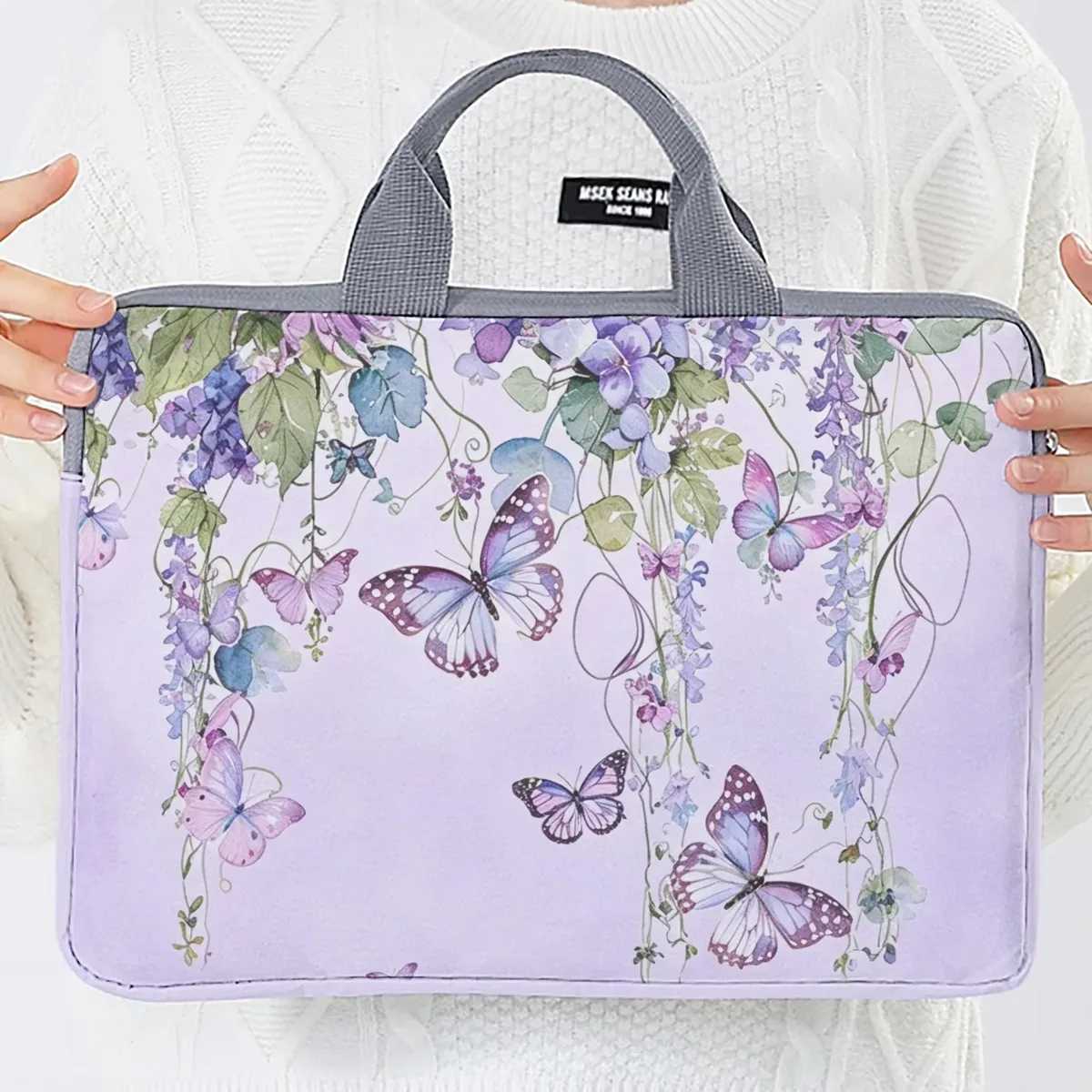 un ensemble, deux styles, sacoche pour ordinateur portable imprimée avec motif glycine et papillon, adaptée aux ordinateurs portables de 14 pouces