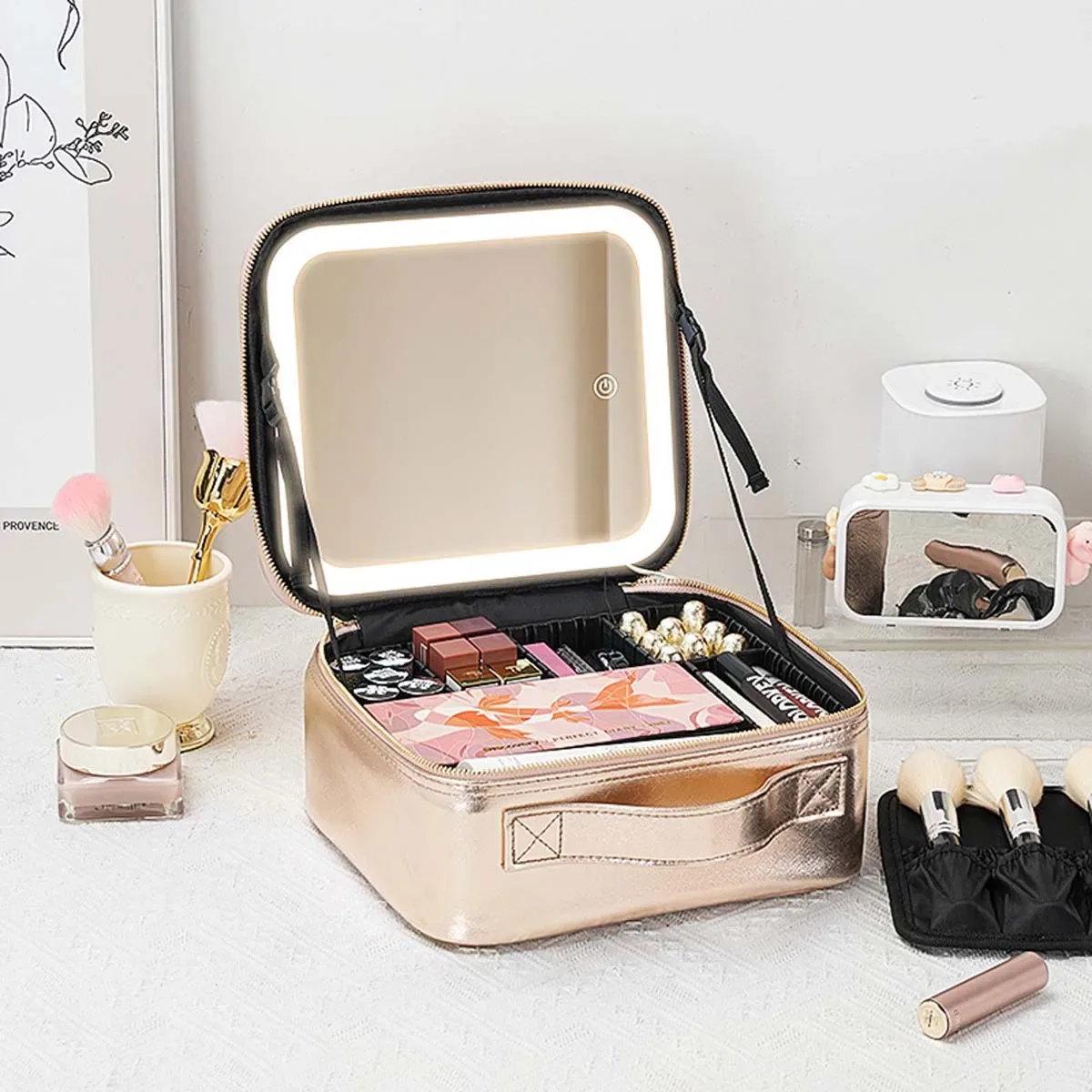 éclairage de maquillage à trois vitesses, trousse de maquillage de grande capacité, étui de maquillage, miroir plein écran, sac de rangement de maquillage de voyage portable