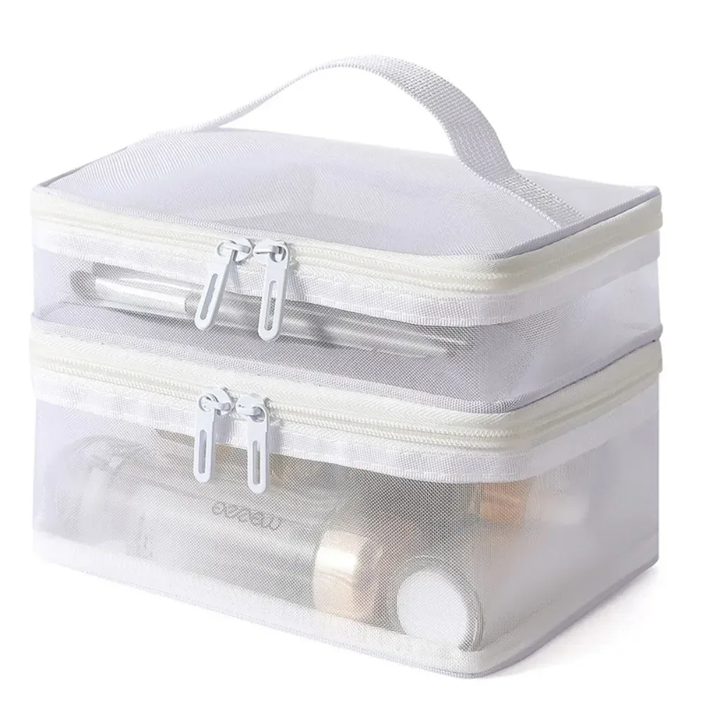 sac de voyage en maille transparente pour femmes, sac de rangement pour cosmétiques, trousse de toilette à 2 couches, sac de rangement de grande capacité pour maquillage