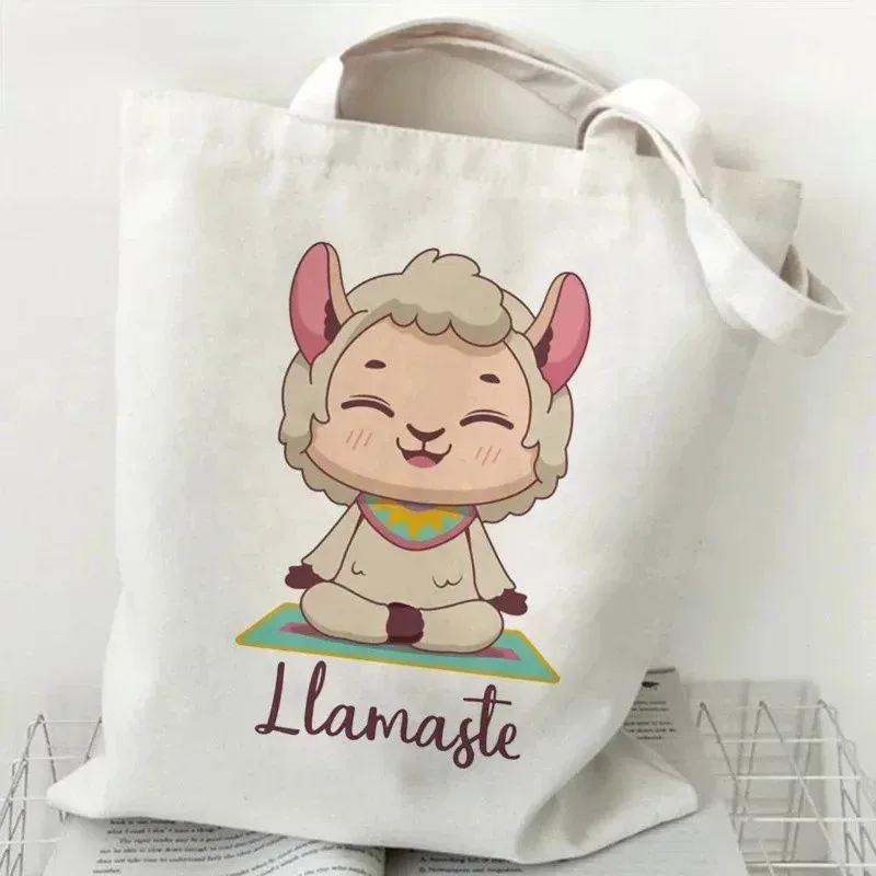 sac à main à motif d'alpaga mignon, imprimé animal de dessin animé, grande capacité, sac de shopping blanc, sac à bandoulière pour femme