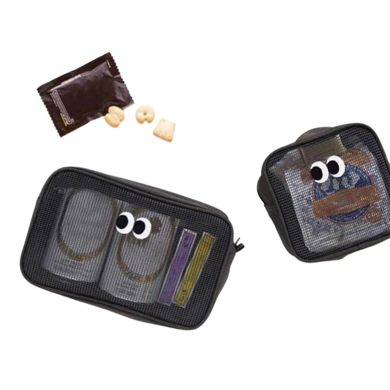 trousse de maquillage portable kawaii, sac cosmétique en maille, sac de rangement de produits de toilette, poudres de maquillage, grands yeux mignons, nouveau document de bonbons