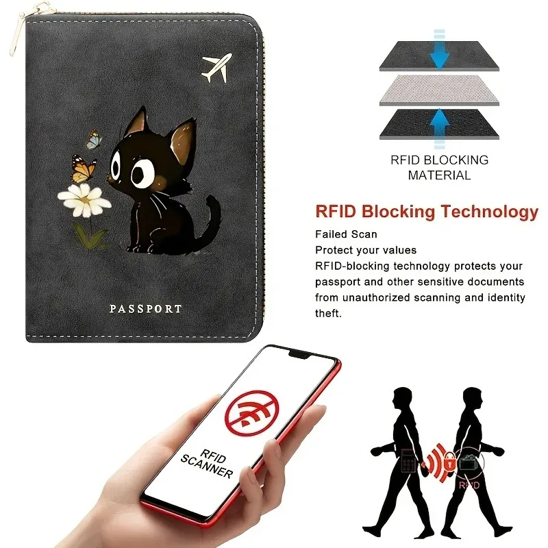 portefeuille de voyage pour femme en cuir pu avec blocage rfid, motif chat et fleurs imprimé en 2d, étui de passeport sécurisé pour documents