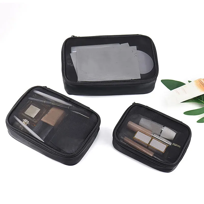 Femmes mode sac de maquillage femmes couleur unie fermeture éclair sac cosmétique maille Transparent décontracté voyage Portable Mini lavage sacs de rangement