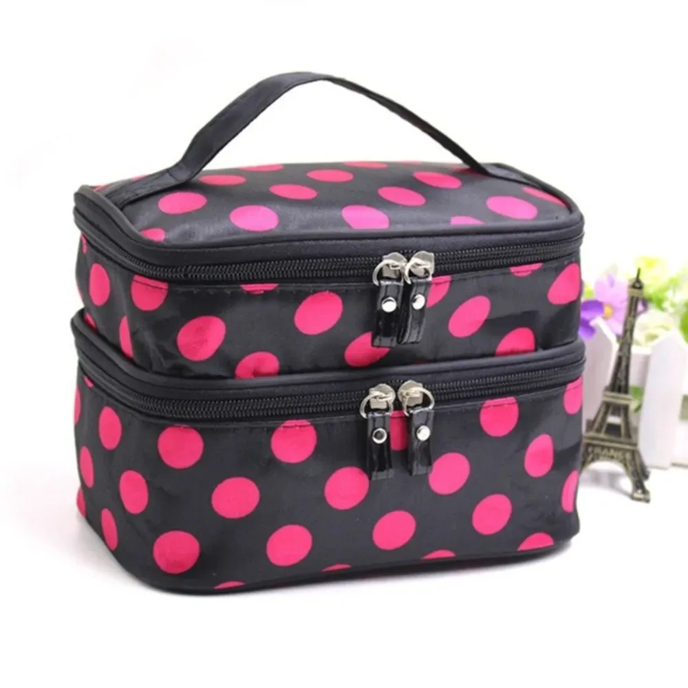 sac de maquillage double couche tendance, grande capacité, à pois, trousse de toilette portable, étui de maquillage de voyage
