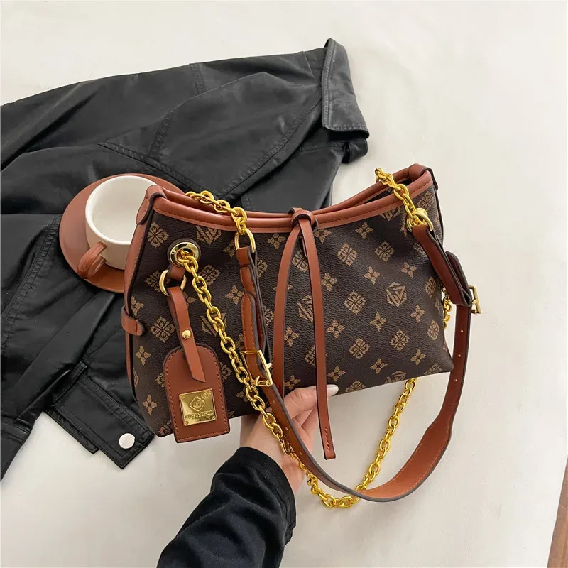 sac fourre-tout de luxe grande capacité à imprimé floral, sac à bandoulière tendance pour femme avec chaîne, sac à main polyvalent en cuir souple pour le quotidien