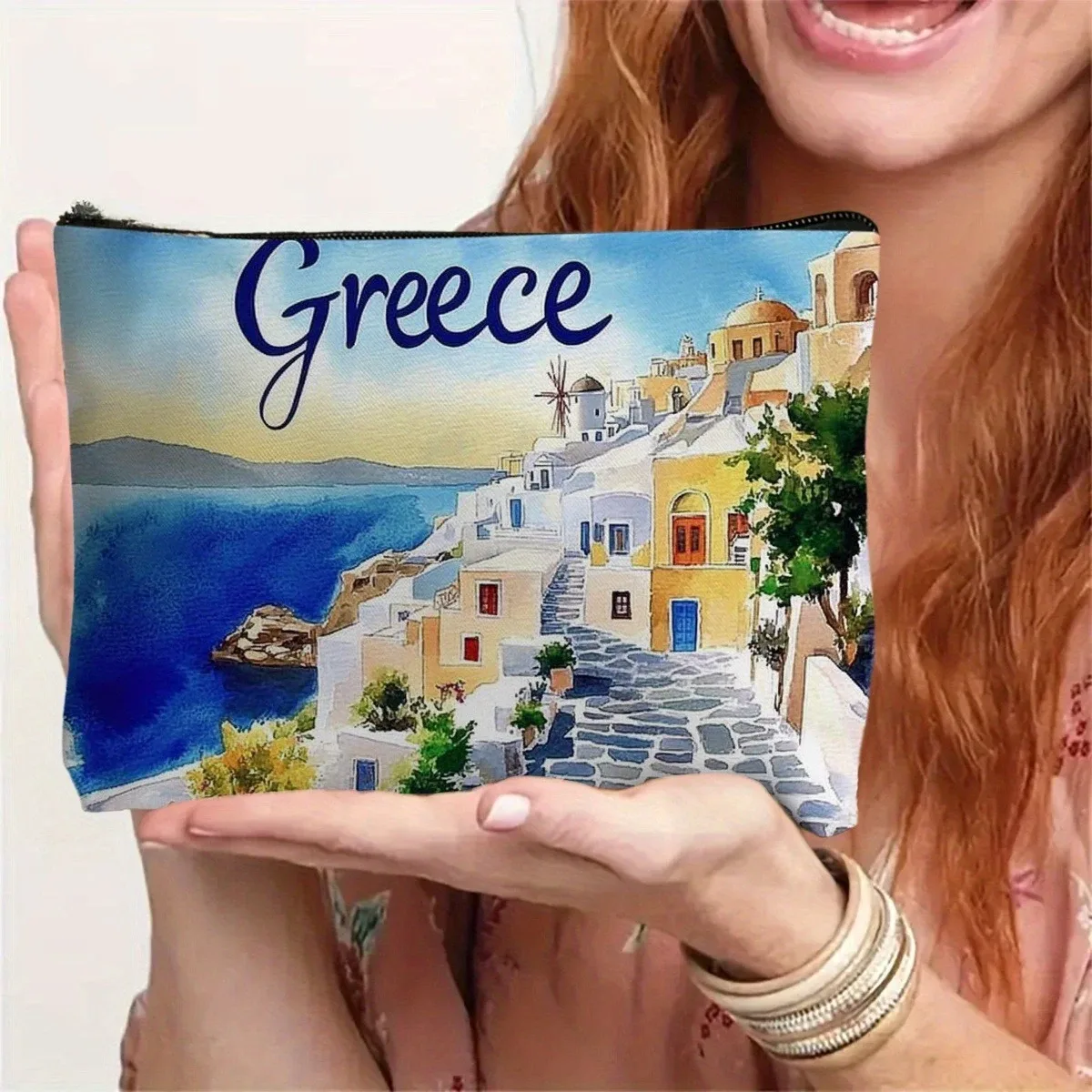 sac à cosmétiques aquarelle grèce bleu blanc jaune ville côtière & parthenon desig trousse de maquillage pochette de toilette de voyage en polyester
