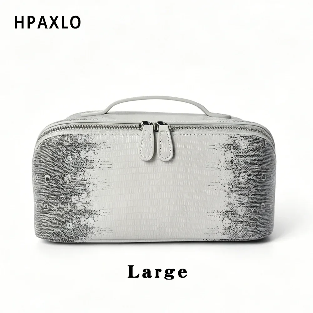 Trousse de Toilette Femme Grande Capacité en Cuir de Vachette Grainé Lizard, Sac Cosmétique Décontracté, Nouvelle Couleur Blanc Cassé Himalayen, Luxe Premium Authentique