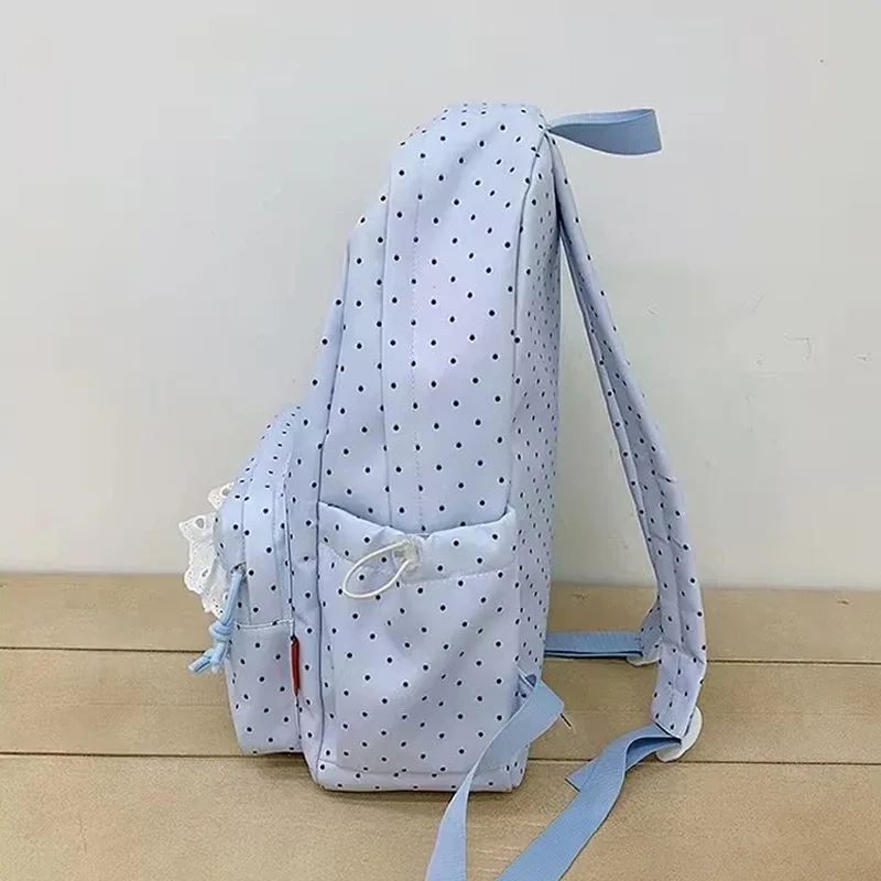 sac à dos tendance, sac d'école pour femmes à pois avec bordure en dentelle, mignon et élégant, sac à dos léger et de grande capacité pour étudiantes coréennes.