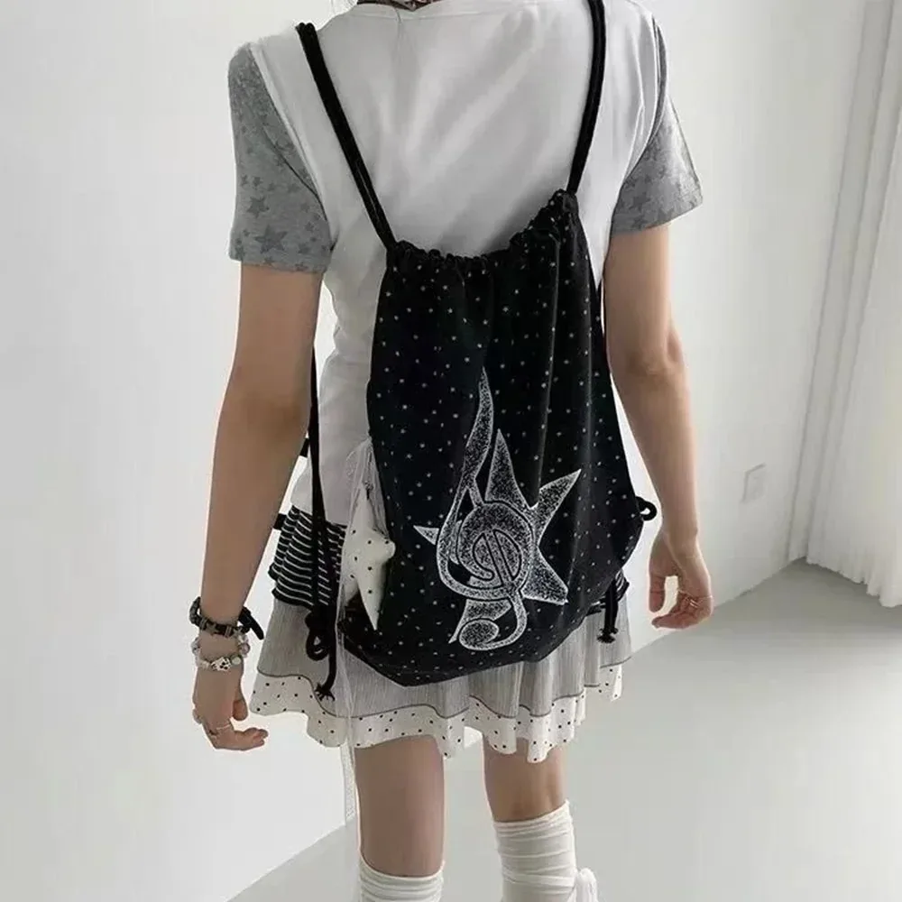 Sac à cordon à pois avec motif de notes de musique, sac à dos de sport décontracté, sac de rangement pour ballon de basket de grande capacité pour les voyages scolaires