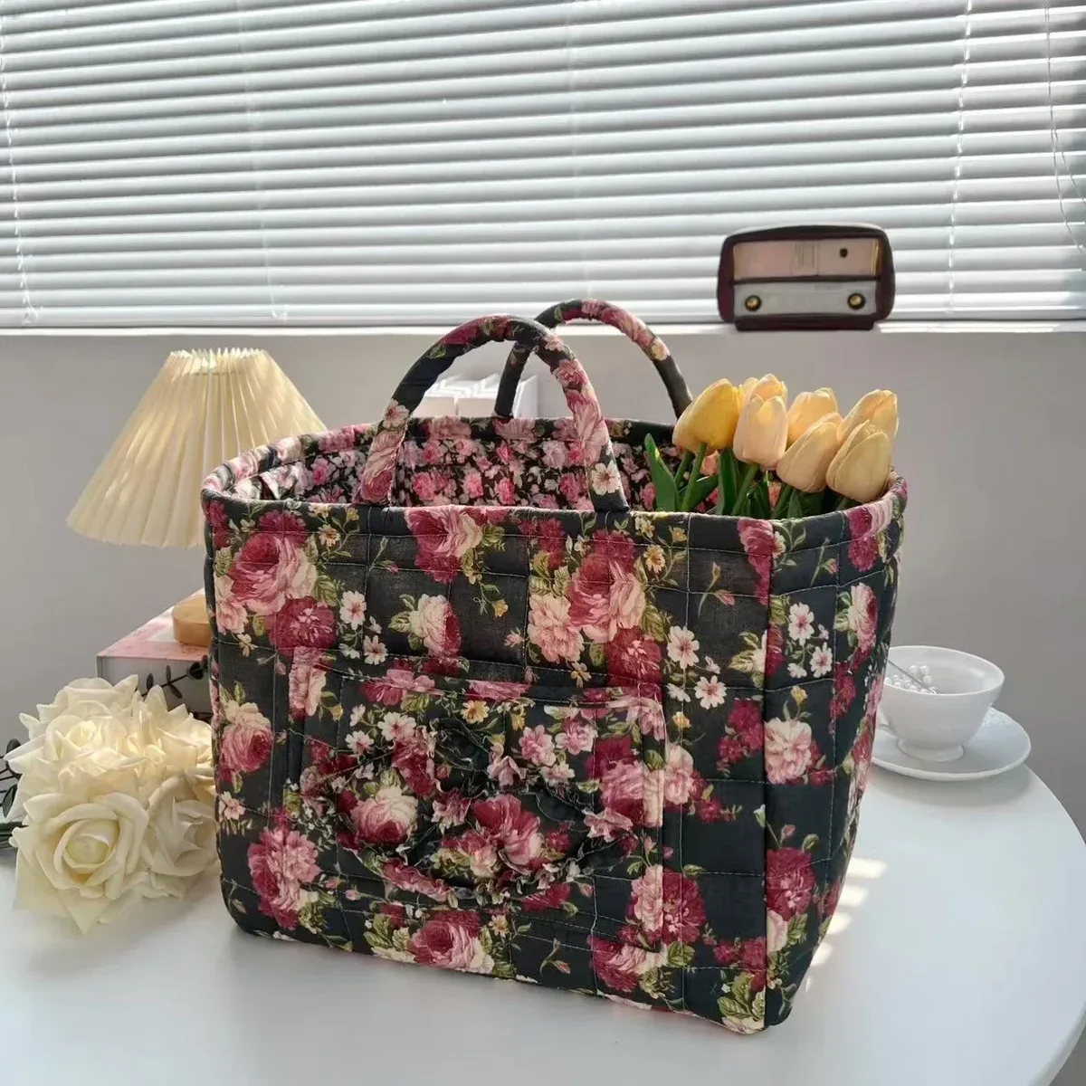 panier de rangement à motifs floraux pour femmes, paniers à linge doux en tissu de grande capacité avec poignées faciles à transporter, sac fourre-tout de voyage