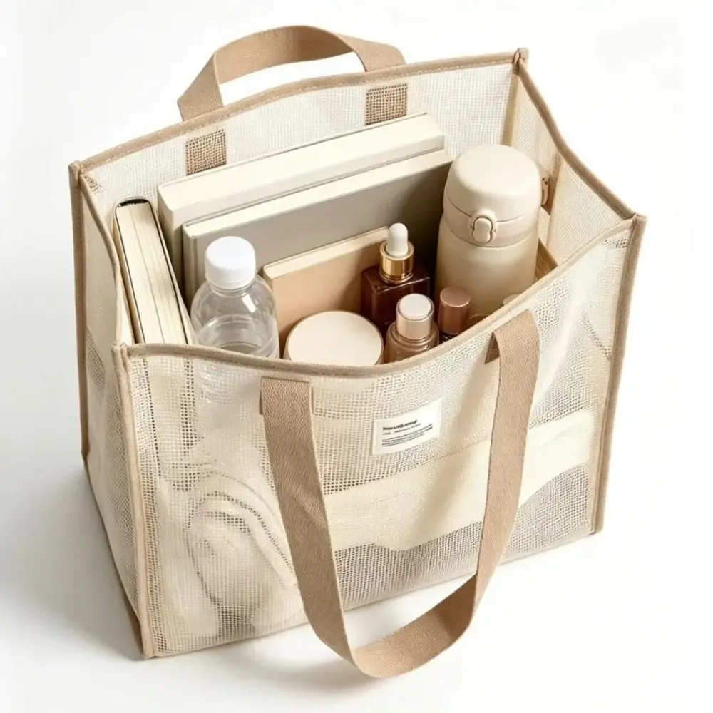 sac de voyage portable grande capacité, sac de plage multifonctionnel en maille, sac de maquillage respirant et durable, pour piscine