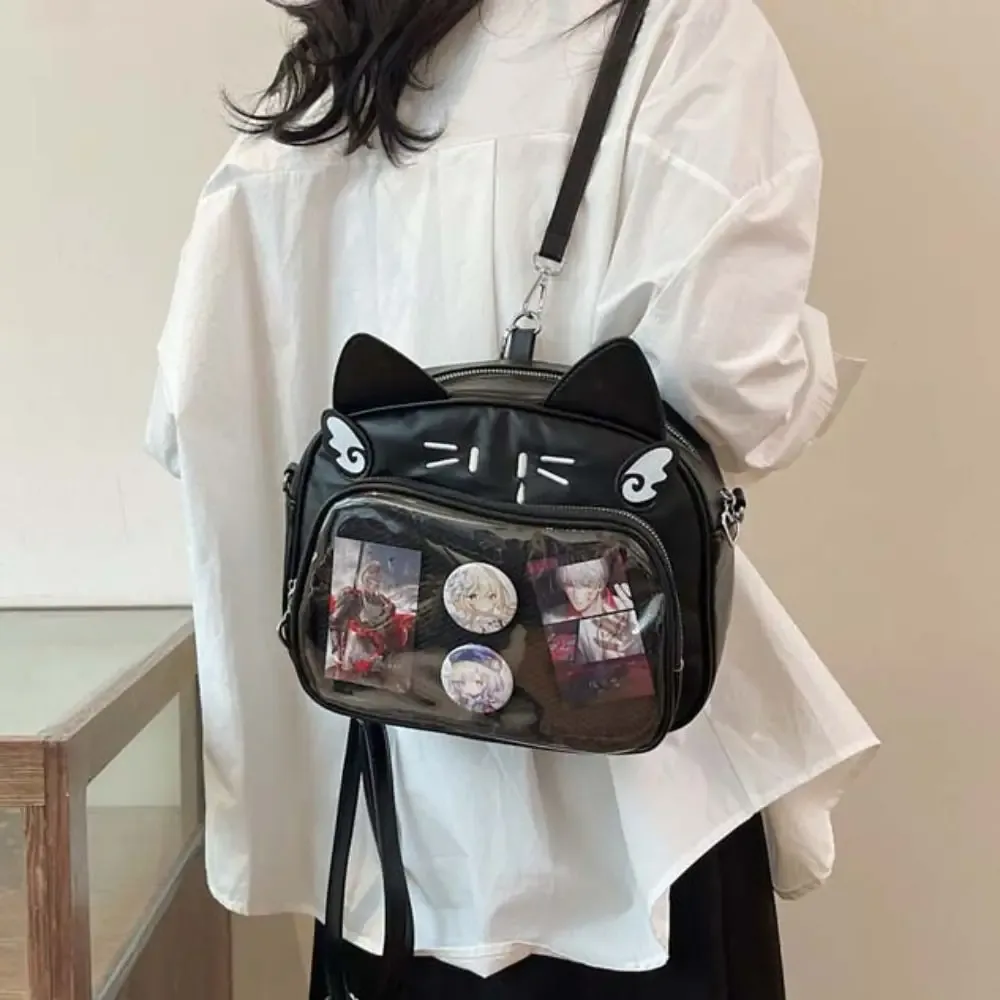 sac à fermeture éclair kawaii chat itabag en coton, sac de rangement pour badges avec poche transparente, sac à dos tendance en pu pour articles d'idol