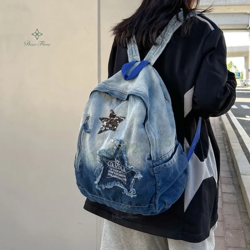 Sac à dos en denim décontracté coréen pour adolescents, cartable étudiant, motif étoile, grande capacité, vintage, punk, sac de livre de voyage, mode, Y2K