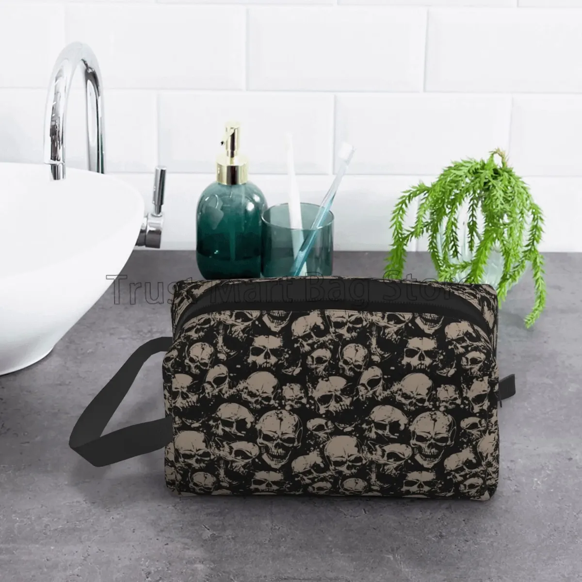trousse de maquillage de voyage gothique pour femme, grand sac cosmétique portable, étanche, poudres de toilette, accessoires, vintage grunge, crânes