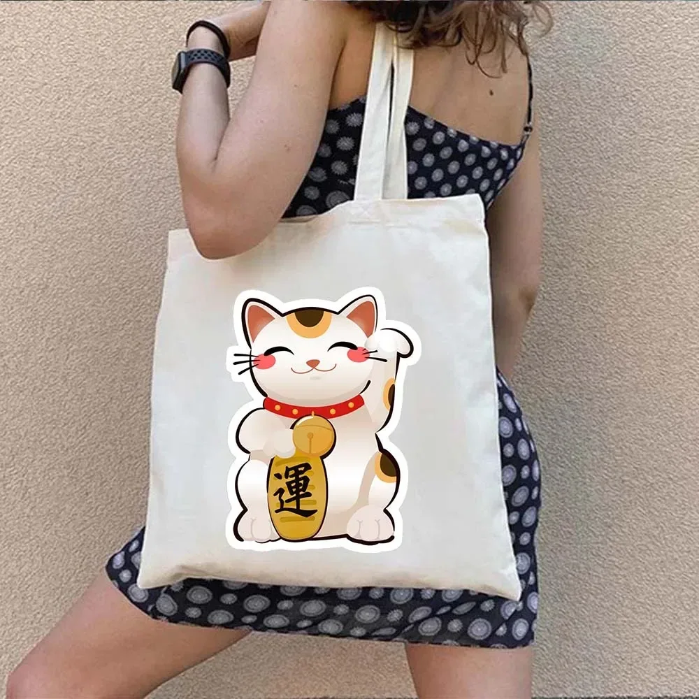 sac fourre-tout en toile à bandoulière pour le shopping, motif maneki neko, chat porte-bonheur japonais mignon, style mont fuji, style japonais, geisha de kyoto, tokyo japon